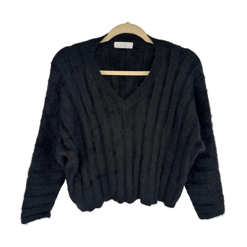 Oak + Fort Sweater Black Fuzzy Fabric Ribbed V-Neck Cozy Oversized Size S